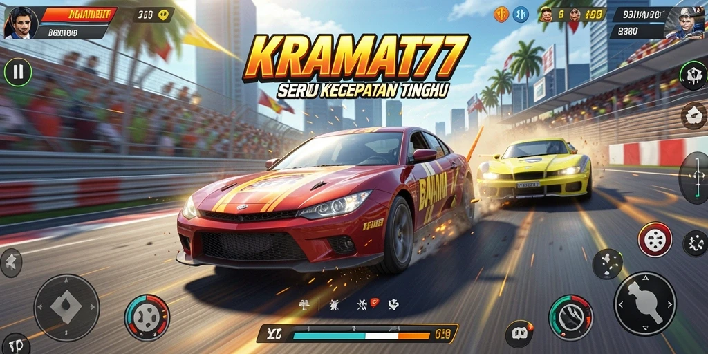 Tampilan gameplay KRAMAT77 dengan adegan balapan yang mendebarkan.