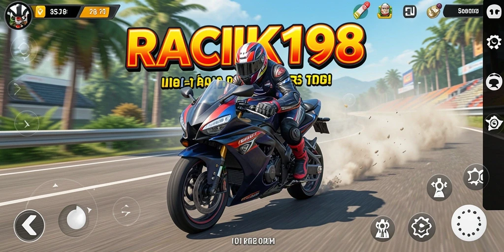 Tampilan gameplay menegangkan di RACIK198 saat balapan motor.
