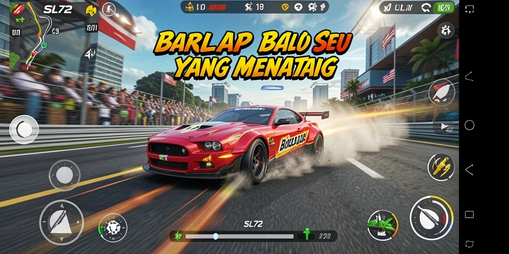 Screenshot SL72 menampilkan aksi balapan seru dengan mobil-mobil yang cepat.