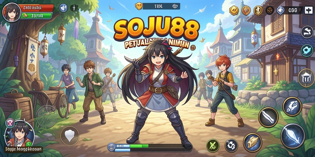 Screenshot utama SOJU88 menampilkan pertarungan epik dengan karakter anime.